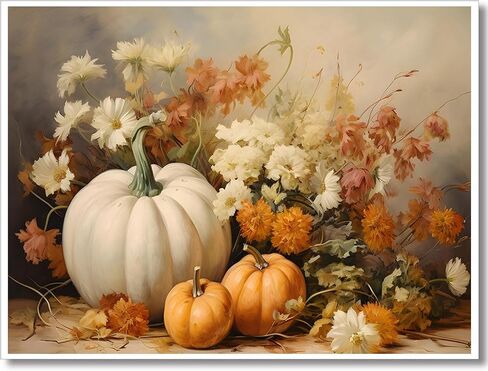 Wodkodnxy Farmhouse Fall Canvas Wall Art, White Orange Pumpkins Still Life Painting Pictures, Rustic Farm Daisy Flower Posters, Halloween Thanksgiving Autumn Wall Print Decor 12x16in Unframed in Saudi Arabia