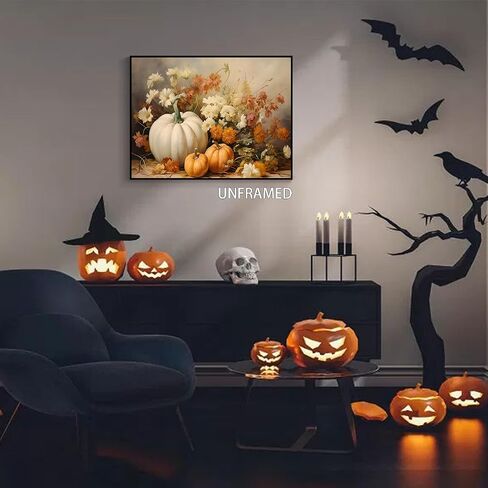 Wodkodnxy Farmhouse Fall Canvas Wall Art, White Orange Pumpkins Still Life Painting Pictures, Rustic Farm Daisy Flower Posters, Halloween Thanksgiving Autumn Wall Print Decor 12x16in Unframed in Saudi Arabia