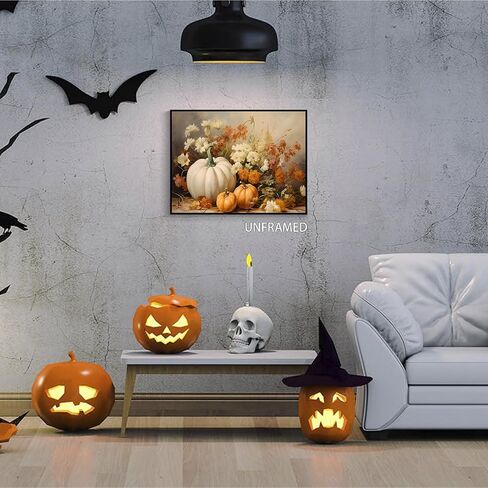 Wodkodnxy Farmhouse Fall Canvas Wall Art, White Orange Pumpkins Still Life Painting Pictures, Rustic Farm Daisy Flower Posters, Halloween Thanksgiving Autumn Wall Print Decor 12x16in Unframed in Saudi Arabia
