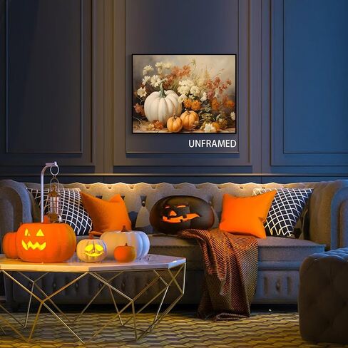 Wodkodnxy Farmhouse Fall Canvas Wall Art, White Orange Pumpkins Still Life Painting Pictures, Rustic Farm Daisy Flower Posters, Halloween Thanksgiving Autumn Wall Print Decor 12x16in Unframed in Saudi Arabia