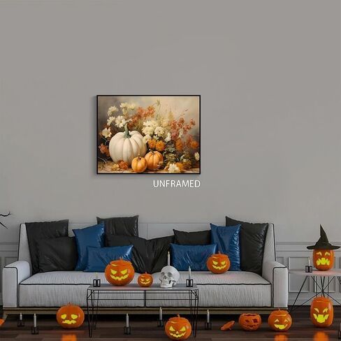 Wodkodnxy Farmhouse Fall Canvas Wall Art, White Orange Pumpkins Still Life Painting Pictures, Rustic Farm Daisy Flower Posters, Halloween Thanksgiving Autumn Wall Print Decor 12x16in Unframed in Saudi Arabia