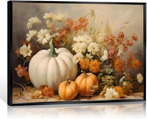 Wodkodnxy Farmhouse Fall Canvas Wall Art, White Orange Pumpkins Still Life Painting Pictures, Rustic Farm Daisy Flower Posters, Halloween Thanksgiving Autumn Wall Print Decor 12x16in Unframed in Saudi Arabia