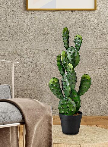 Serene Spaces Living Artificial Prickly Pear Cactus in Plastic Black Pot, Lifelike Potted Bunny Ear Cactus for Balcony, Living Room, Kitchen, Office, Patio, Entranceway, 11" Diameter & 27" Tall in Saudi Arabia