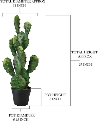 Serene Spaces Living Artificial Prickly Pear Cactus in Plastic Black Pot, Lifelike Potted Bunny Ear Cactus for Balcony, Living Room, Kitchen, Office, Patio, Entranceway, 11" Diameter & 27" Tall in Saudi Arabia