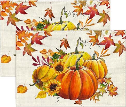 Artoid Mode Pumpkins Maple Leaves Sunflower Fall Placemats Set of 2, 12x18 Inch Seasonal Table Mats for Table Runner Party Kitchen Dining Decoration in Saudi Arabia
