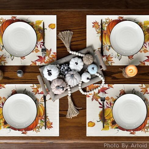 Artoid Mode Pumpkins Maple Leaves Sunflower Fall Placemats Set of 2, 12x18 Inch Seasonal Table Mats for Table Runner Party Kitchen Dining Decoration in Saudi Arabia