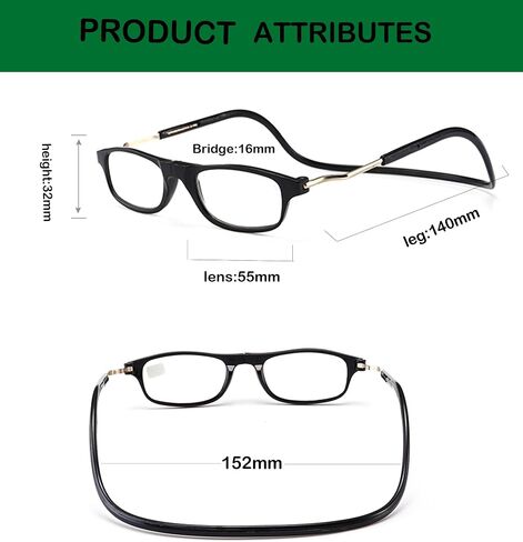 Magnetic Reading Glasses(Long Temples), Computer Readers, Replaceable Lens, Adjustable Temples, Original in Saudi Arabia