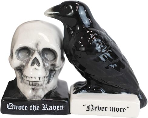 Ebros Harbinger of Doom Quote The Raven Nevermore Skull مجموعة هزازات الملح والفلفل المغناطيسية، تماثيل للحفلات والمطبخ على سطح الطاولة وهالوين Ossuary Macabre لهجات زخرفية قابلة للجمع in Saudi Arabia