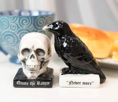 Ebros Harbinger of Doom Quote The Raven Nevermore Skull مجموعة هزازات الملح والفلفل المغناطيسية، تماثيل للحفلات والمطبخ على سطح الطاولة وهالوين Ossuary Macabre لهجات زخرفية قابلة للجمع in Saudi Arabia