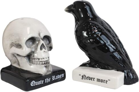 Ebros Harbinger of Doom Quote The Raven Nevermore Skull مجموعة هزازات الملح والفلفل المغناطيسية، تماثيل للحفلات والمطبخ على سطح الطاولة وهالوين Ossuary Macabre لهجات زخرفية قابلة للجمع in Saudi Arabia