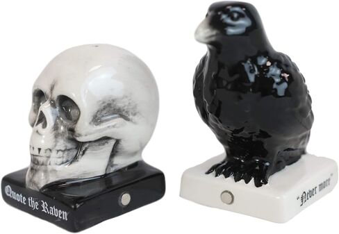 Ebros Harbinger of Doom Quote The Raven Nevermore Skull مجموعة هزازات الملح والفلفل المغناطيسية، تماثيل للحفلات والمطبخ على سطح الطاولة وهالوين Ossuary Macabre لهجات زخرفية قابلة للجمع in Saudi Arabia