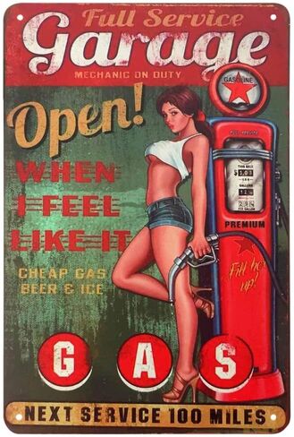 AOYEGO Pin Up Tin Sign,Full Service Garage Sexxy Women Stand Leaning Against the Gas Station Vintage Metal Tin Signs for Cafes Bars Pubs Shop Decorative Funny Retro Signs for Men Women 8x12 Inch in Saudi Arabia