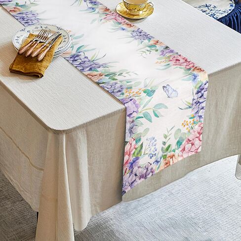 Hydrangea Floral Table Runner, Butterfly Kitchen Dining Table Decor, Seasonal Spring Summer Holiday Decoration for Home Party Decor (13x72 Inch) in Saudi Arabia