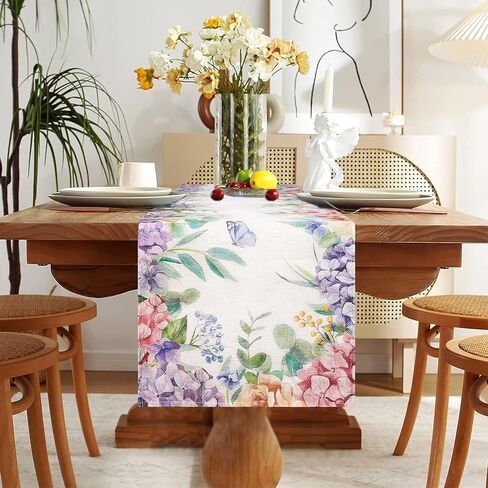 Hydrangea Floral Table Runner, Butterfly Kitchen Dining Table Decor, Seasonal Spring Summer Holiday Decoration for Home Party Decor (13x72 Inch) in Saudi Arabia