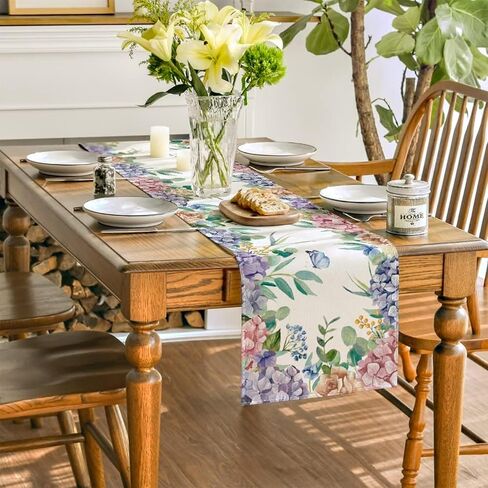 Hydrangea Floral Table Runner, Butterfly Kitchen Dining Table Decor, Seasonal Spring Summer Holiday Decoration for Home Party Decor (13x72 Inch) in Saudi Arabia