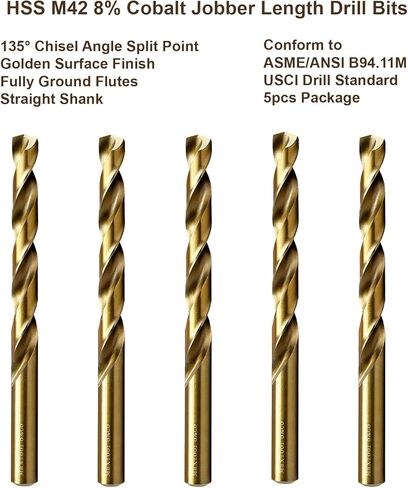 MAXTOOL 15/64 بوصة 5 قطع مثاقب بطول Jobber متطابقة HSS M42 لقم ثقب تويست 8% كوبالت مثاقب ساق مستقيمة ذهبية مطحونة بالكامل؛ JBF42G10R15P5 in Saudi Arabia