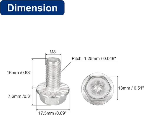 uxcell M8x18mm Phillips Hex Head Flange Bolts, 5pcs 304 Stainless Steel Hexagon Phillips Flange Head Hex Bolts Machine Screws in Saudi Arabia