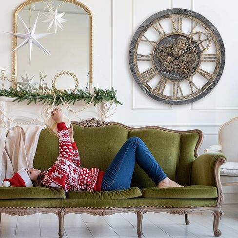 HOIBAI Large Wall Clock, Wall Clocks for Living Room Decor 20 Inch Farmhouse Vintage Rustic Kitchen Wall Decor Vintage Roman Oversized Wall Clock for Home Bedroom House Office, Moving Gears Clock in Saudi Arabia
