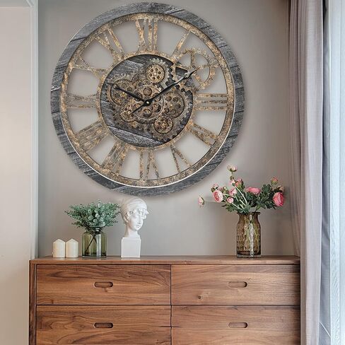 HOIBAI Large Wall Clock, Wall Clocks for Living Room Decor 20 Inch Farmhouse Vintage Rustic Kitchen Wall Decor Vintage Roman Oversized Wall Clock for Home Bedroom House Office, Moving Gears Clock in Saudi Arabia