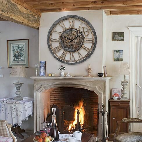 HOIBAI Large Wall Clock, Wall Clocks for Living Room Decor 20 Inch Farmhouse Vintage Rustic Kitchen Wall Decor Vintage Roman Oversized Wall Clock for Home Bedroom House Office, Moving Gears Clock in Saudi Arabia