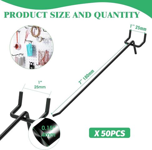 50Pcs 8"/20CM Pegboard Hooks Assortment Set, Metal Peg Board Hooks with 2.5mm Hole Pitch 4mm Wire Diameter Slatwall Hanging Hook for Garage Organization Wall Hanging (Black) in Kuwait