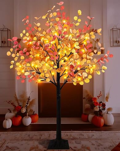 Lighted Fall Eucalyptus Tree, 4FT Fall Tree with 48 LED Lights Artificial Autumn Tree Light Up Fall Decorations for Indoor Outdoor Home Thanksgiving Christmas Decor in Saudi Arabia