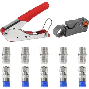Coax Cable Crimper Tool Kit Coaxial Compression Tool Fitting Wire Stripper with 5PCS RG6 F Type Connector + 5PCS RG6 Coax Cable Extender