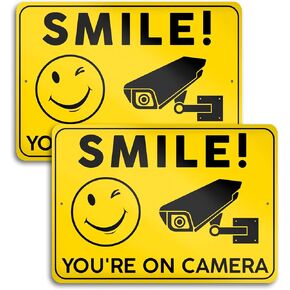2 PC Smile You're On Camera Signs - 10x7 Aluminum No Trespassing Signs Private Property - Video Surveillance Signs Outdoor - Security Camera Sign