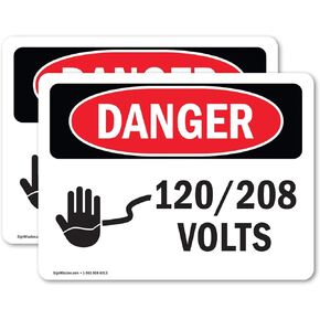 (2 Pack) 120 208 Volts OSHA Danger Sign 5 Inch X 3.5 Inch Vinyl Label Decal Sticker Weather Resistant, UV Protected for Workplace, Business, and Construction Site, Made in the USA