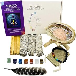 White Sage Smudge Chakra Healing Kit - 3 White Sage, 3 Palo Santo, Chakra Stones, Chakra Bracelet, Abalone Shell, Wooden Tripod Stand, Feather, Himalayan Salt & Smudging Guide (Chakra Kit)