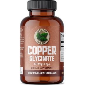 Pure Lab Vitamins Copper Glycinate Mineral Supplement -1 mg - 60 Vegan Caps Essential for Collagen Production, Supports Immune System & Red Blood Cell Formation - Gluten Free Made in Canada