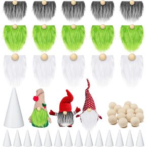 60 Pcs Gnomes Beard Sets Faux Fur Pre Cut Gnomes Beard Foam Cone Foam Handmade Wood Balls for Halloween Christmas Day Crafts(Grey, Brown, White)