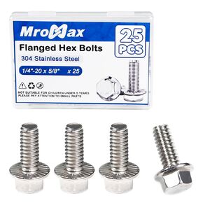 MroMax 25Pcs 1/4"-20 Flanged Hex Bolts, 1/4"-20 x 5/8" (A2-70) 304 Stainless Steel Fully Threaded UNC Flanged Hex Head Screws Bolts for Mounting Chair, Rail, Pump, Boat and Plastic Bumpers