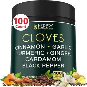 7in1 Clove Supplement Rich in Vitamins & Minerals for Digestive, Immune System, Bone & Heart Health with Cinnamon, Turmeric, Ginger, Cardamom, Garlic & Black Pepper - 100 Caps