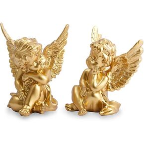 XMOSNZ 2 Set of Little Angel Statue Figurines, Resin Cherubs Statue with Wings Sleeping Thinking Angle Sculpture for Home Living Room Desktop Office Decoration (Gold)
