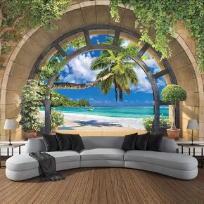 FENDROM Beach Decor Tapestry Ocean Sea Tropical Island Palm Tree Scenic View From Window Summer Tropical Scenery Wall Hanging Nature Tapestry For Bedroom Living Room Dorm
