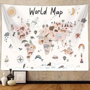 Sanzugh World Map for Kids Tapestry, Cute Cartoon Animals Map Classroom Art Tapestries Wall Hanging for Boys Bedroom College Dorm Living Room Office Decor 60X40 Poster