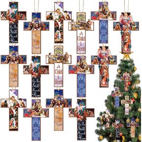 24 Pieces Cross Nativity Scene Hanging Ornament Jesus Christmas Ornaments Wooden Birth of Decoration Assorted Holy Family Religious Home Decorations