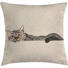 Ambesonne Cat Throw Pillow Cushion Cover, Lazy Sleepy Cat in Earth Tones Furry Mascot Indoor Pet Art Illustration, Decorative Square Accent Pillow Case, 16" X 16", Grey Beige
