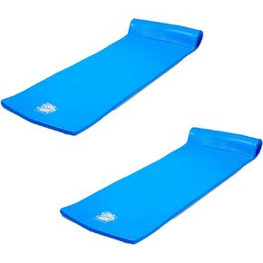 TRC Recreation Splash 1.25 Inch Thick Foam Swimming Pool Float Mat Large Adult Lounger with Built-In Roll Pillow, Bahama Blue (2 Pack)