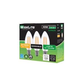 MaxLite LED Filament LAMP 4W B10 80 CRI 2700K DIM E12-3 Pack - White,F4B10D27/3P/WS