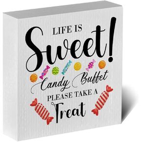 Candy Lover Artwork Wood Box Sign Rustic Farmhouse Style Life is Sweet Candy Buffet Wood Block Plaque 5 X 5 Inches Home Desk Sign Decor for Presents