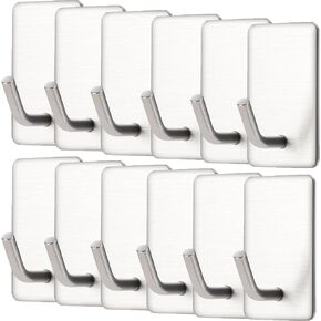 12 Pack Strip Hooks, Wall Utility Hanger, Adhesive Stainless Steel Coat Holder Support Hack, Hanging Heavy Duty Robe Towel Cloth Hat Scarve Bag Accessories Wreath, No-Drilling