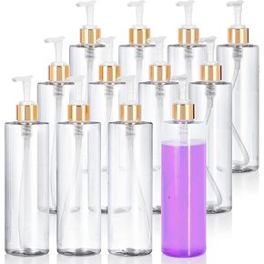 JUVITUS 8 oz Clear Cylinder PET Bottles with Gold Lotion Pump (12 Pack)