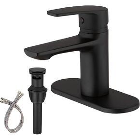 BWE Black Bathroom Faucet Single Handle Modern Brass Bathroom Sink Faucet with Pop Up Drain Assembly and 6" Deck Plate for Sink 1 or 3 Hole RV Commercial Lavatory Vanity Basin Mixer Tap