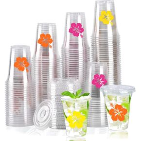 150 Pack Hawaii Laua Cups 12 oz Clear Plastic Tropical Cups Hawaii Hibiscus Disposable Drinking Cups with Lids for Beach Hawaiian Luau Party Supplies Drinkware Decorations