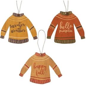 Set of 3 - Fall Wood Sweater Hanging Ornaments - Fall Autumn Halloween Thanksgiving - Hello Pumpkin, Sweater Weather, Happy Fall - Country Farmhouse Rustic Look