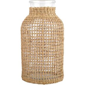 VORCOOL Rattan Woven Vase Rustic Country Style Flower Basket Glass Pot Seagrass Woven Floor Standing Vase for Home Flower Arrangement Table Centerpiece