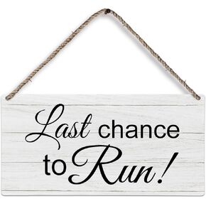 huester Rustic Wedding Signs, Ring Bearer Signs for Wedding, Funny Last Chance to Run Hanging Wood Plaque Sign for Reception and Ceremony, Wedding Engagement Home Wall Decor, 12x6 inches