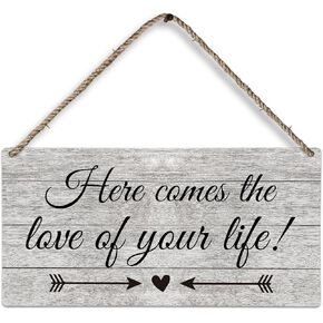 huester Rustic Wedding Signs, Ring Bearer Signs for Wedding, Here Comes the Love of You Life Hanging Wood Plaque Sign for Reception and Ceremony, Wedding Engagement Home Wall Decor, 12x6 inches